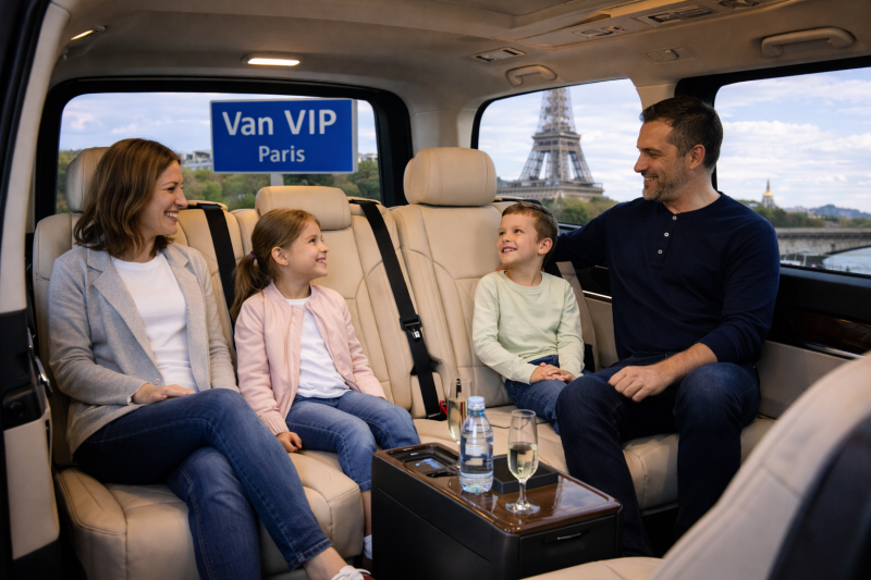 Famille installée à bord d'un van avec chauffeur au départ de Paris